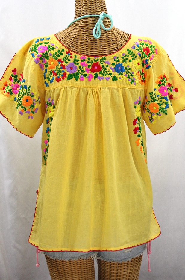 "La Lijera" Embroidered Peasant Blouse Mexican Style - Yellow + Rainbow