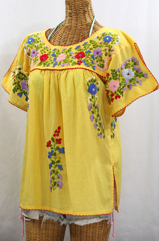 FINAL SALE -- "La Lijera" Embroidered Peasant Blouse Mexican Style - Yellow + Red Trim