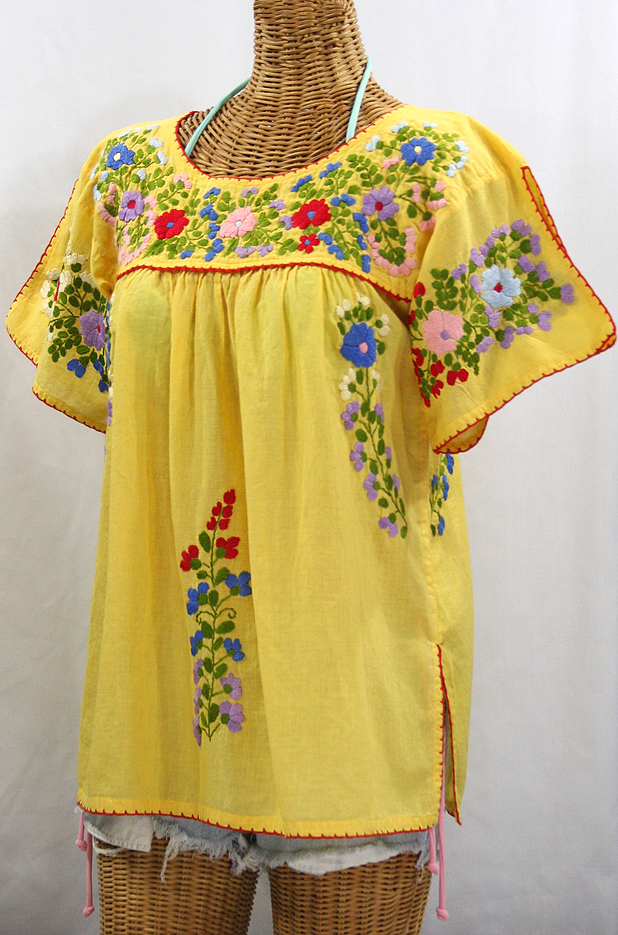 "La Lijera" Embroidered Peasant Blouse Mexican Style - Yellow + Red Trim