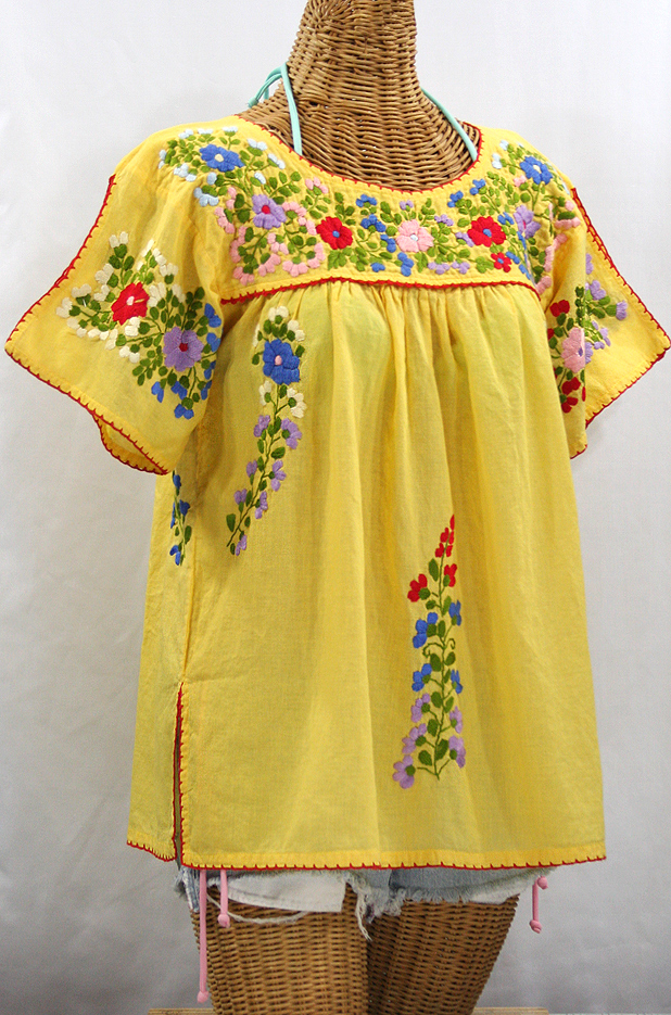 "La Lijera" Embroidered Peasant Blouse Mexican Style - Yellow + Red Trim