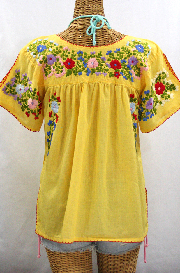 FINAL SALE -- "La Lijera" Embroidered Peasant Blouse Mexican Style - Yellow + Red Trim