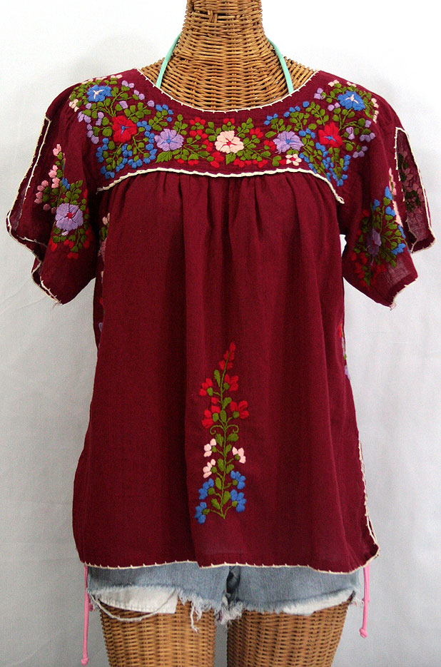 "La Lijera" Embroidered Mexican Style Peasant Blouse - Burgundy