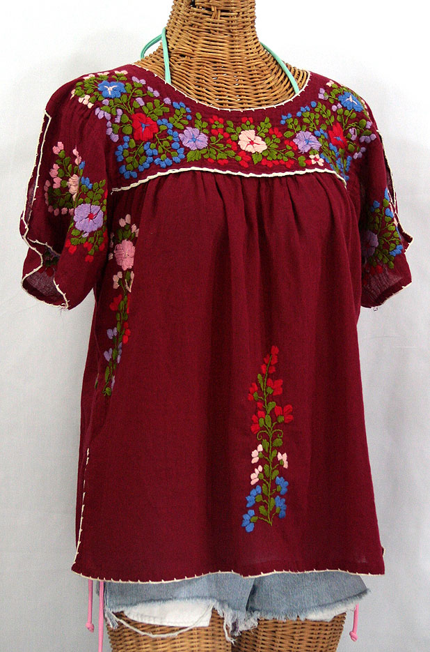 "La Lijera" Embroidered Mexican Style Peasant Blouse - Burgundy