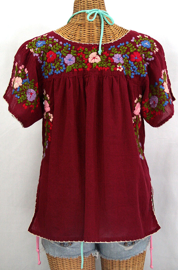 "La Lijera" Embroidered Mexican Style Peasant Blouse - Burgundy