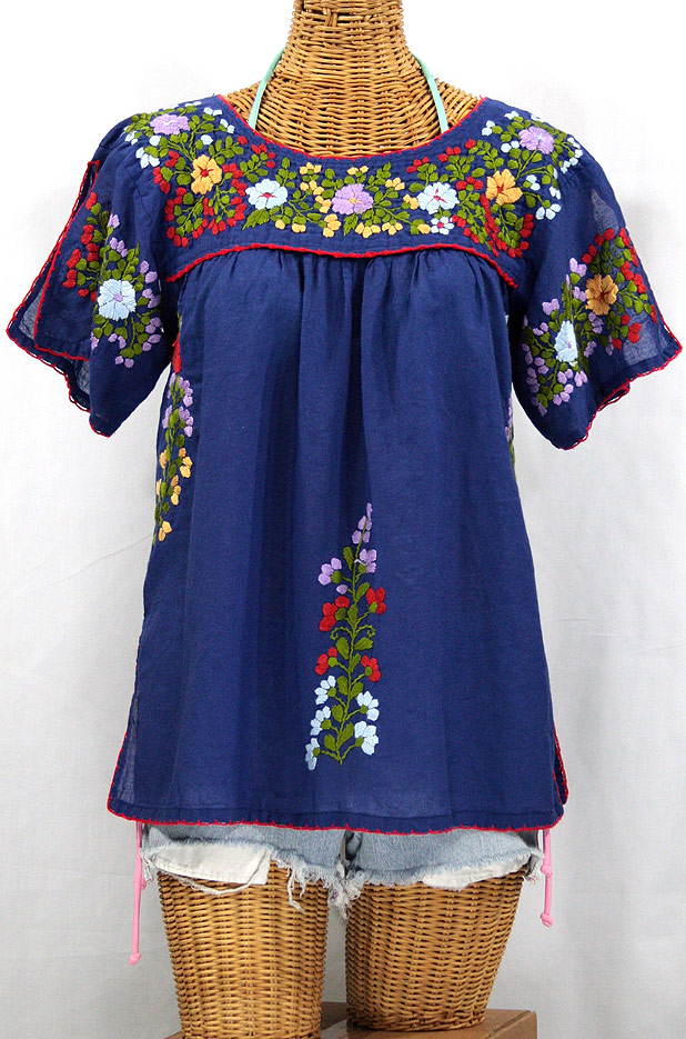 La Lijera" Embroidered Peasant Blouse Mexican Style -Denim + Multi