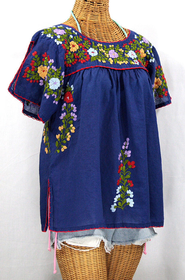 La Lijera" Embroidered Peasant Blouse Mexican Style -Denim + Multi
