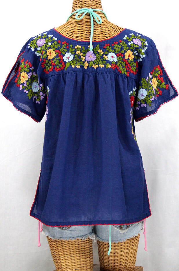 La Lijera" Embroidered Peasant Blouse Mexican Style -Denim + Multi