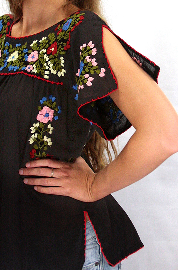 "La Lijera" Embroidered Peasant Blouse Mexican Style -Off White + Navy