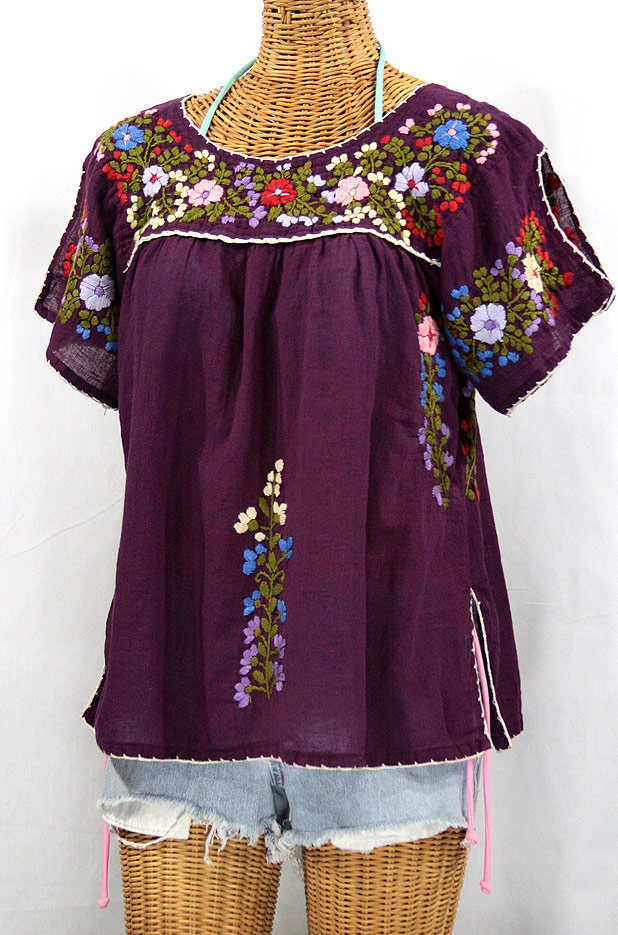 "La Lijera" Embroidered Mexican Style Peasant Top Blouse -Plum