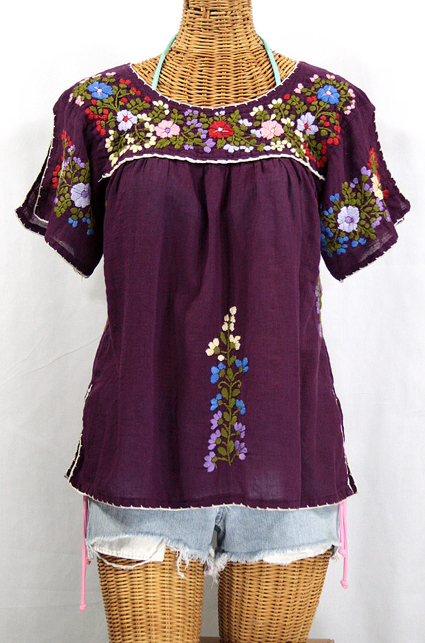 "La Lijera" Embroidered Mexican Style Peasant Top Blouse -Plum