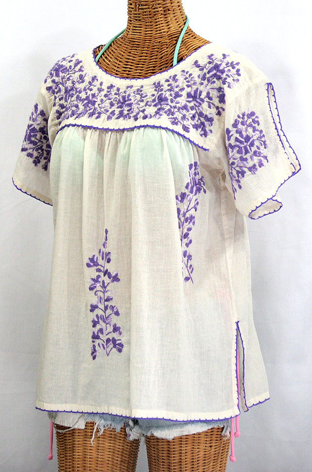 "La Lijera" Embroidered Mexican Style Peasant Blouse Off-White + Purple