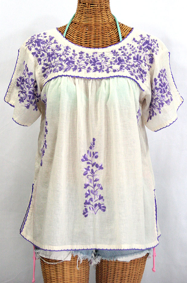 "La Lijera" Embroidered Mexican Style Peasant Blouse Off-White + Purple