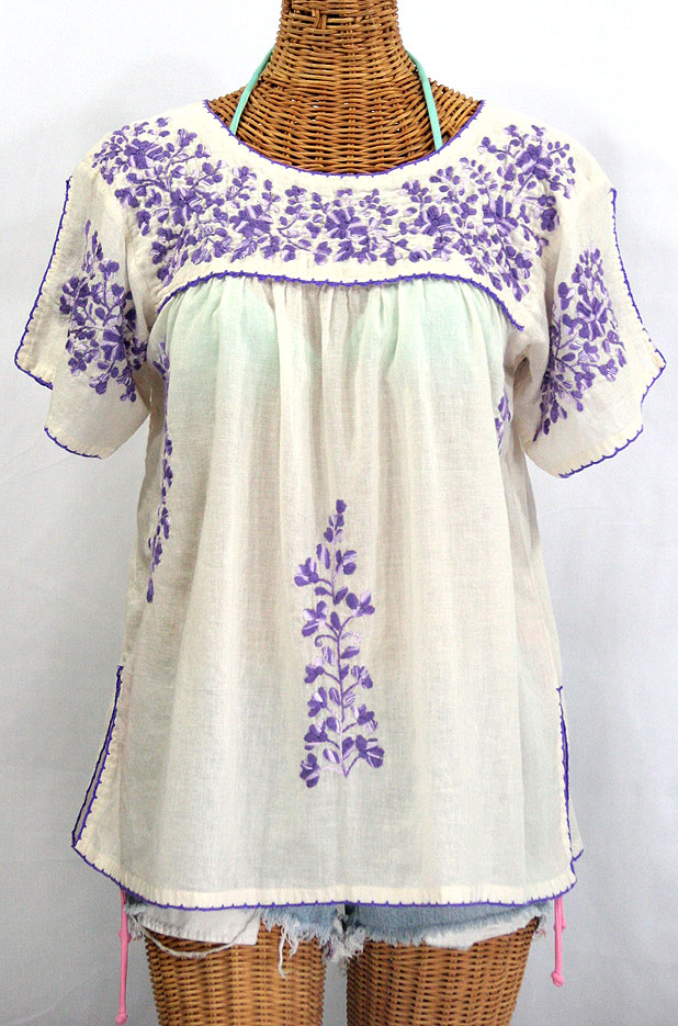 "La Lijera" Embroidered Mexican Style Peasant Blouse Off-White + Purple