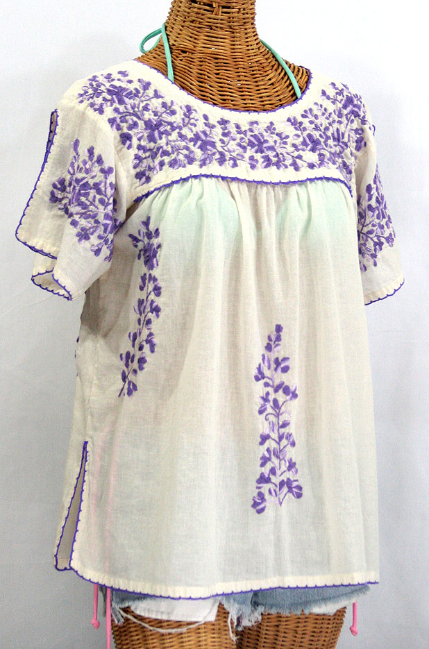 "La Lijera" Embroidered Mexican Style Peasant Blouse Off-White + Purple