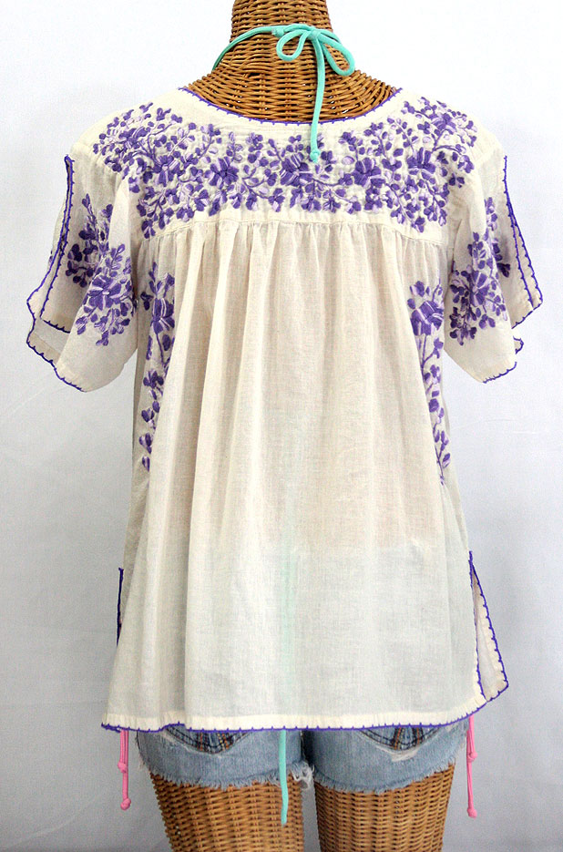 "La Lijera" Embroidered Mexican Style Peasant Blouse Off-White + Purple