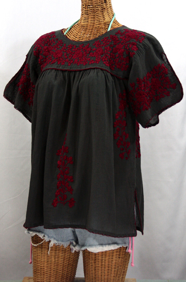 "La Lijera" Embroidered Peasant Blouse Mexican Style -Charcoal + Burgundy