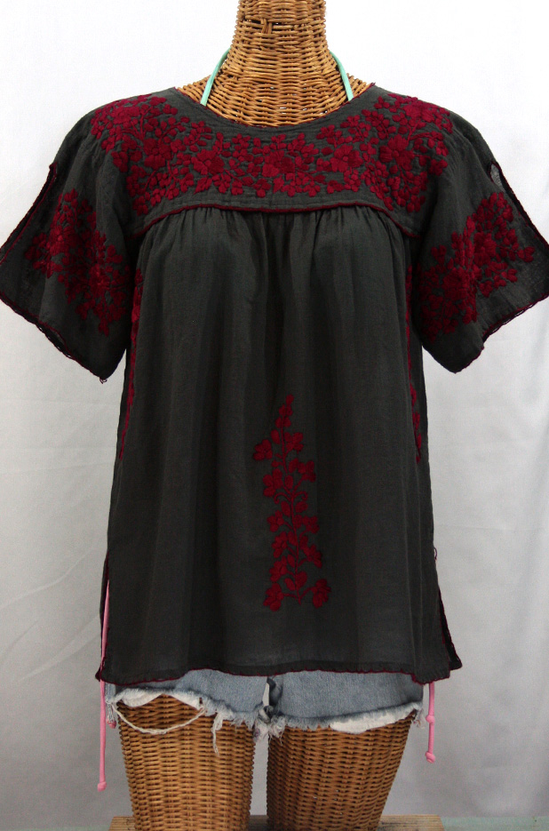 "La Lijera" Embroidered Peasant Blouse Mexican Style -Charcoal + Burgundy
