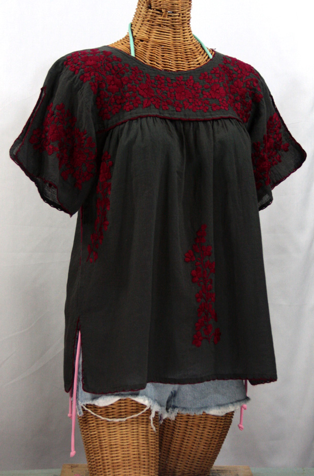 "La Lijera" Embroidered Peasant Blouse Mexican Style -Charcoal + Burgundy