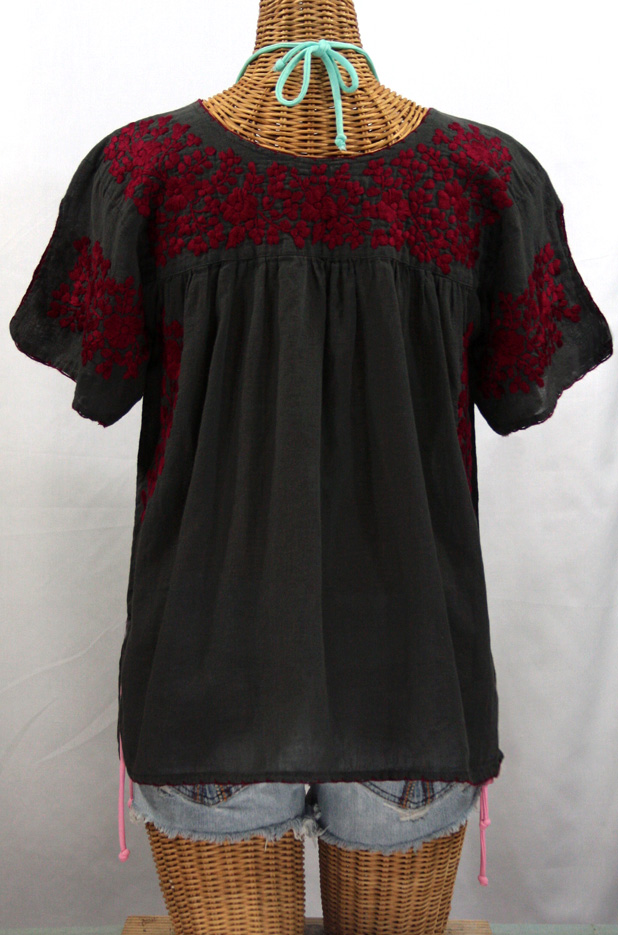 "La Lijera" Embroidered Peasant Blouse Mexican Style -Charcoal + Burgundy
