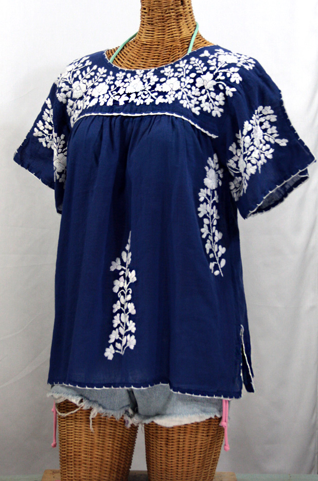 "La Lijera" Embroidered Peasant Blouse Mexican Style -Denim + White