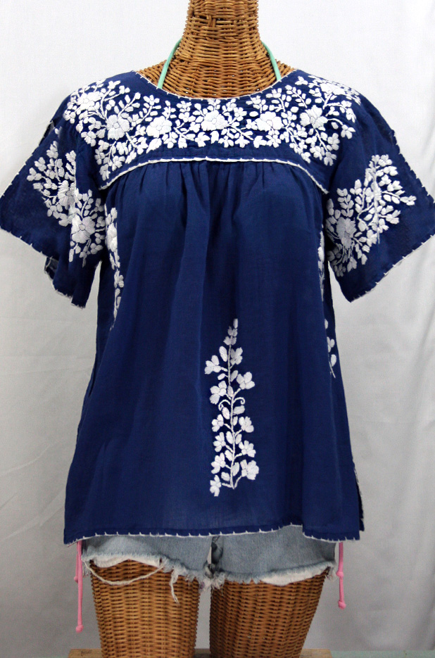 "La Lijera" Embroidered Peasant Blouse Mexican Style -Denim + White