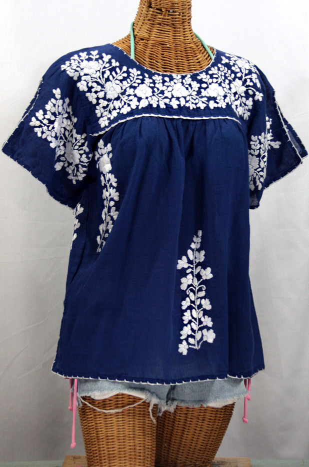 "La Lijera" Embroidered Peasant Blouse Mexican Style -Denim + White