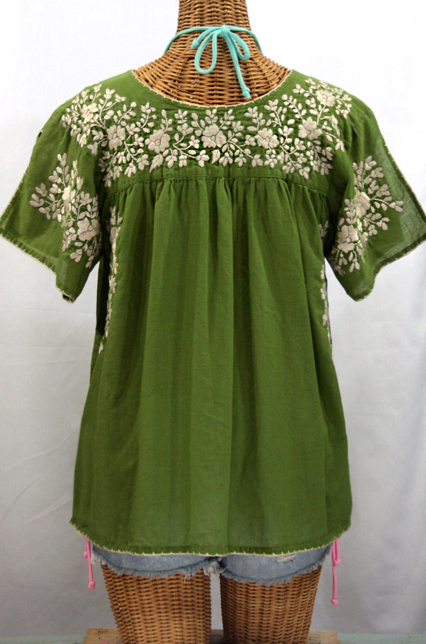 "La Lijera" Embroidered Peasant Blouse Mexican Style Fern Green + Cream