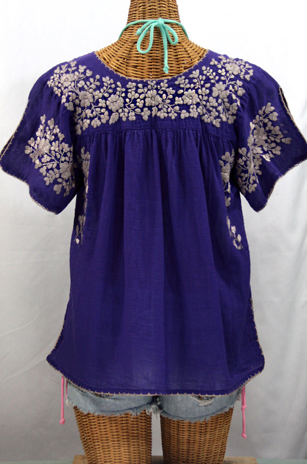"La Lijera" Embroidered Peasant Blouse Mexican Style -Purple + Grey