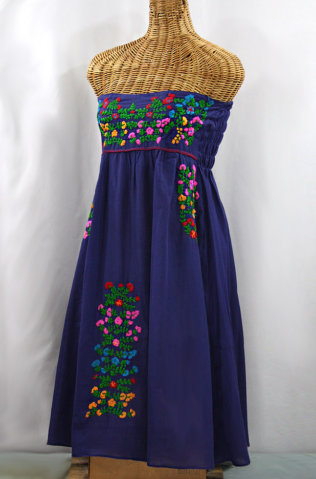 "La Marbella" Embroidered Strapless Sundress - Denim + Multi