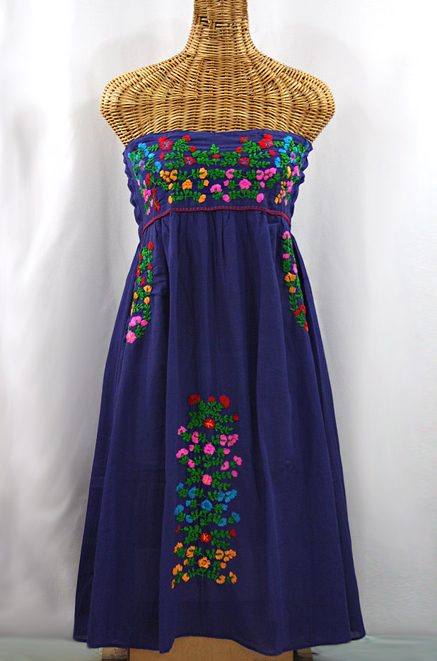 "La Marbella" Embroidered Strapless Sundress - Denim + Multi