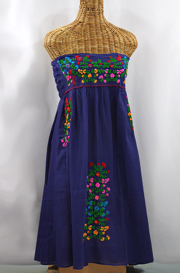 "La Marbella" Embroidered Strapless Sundress - Denim + Multi