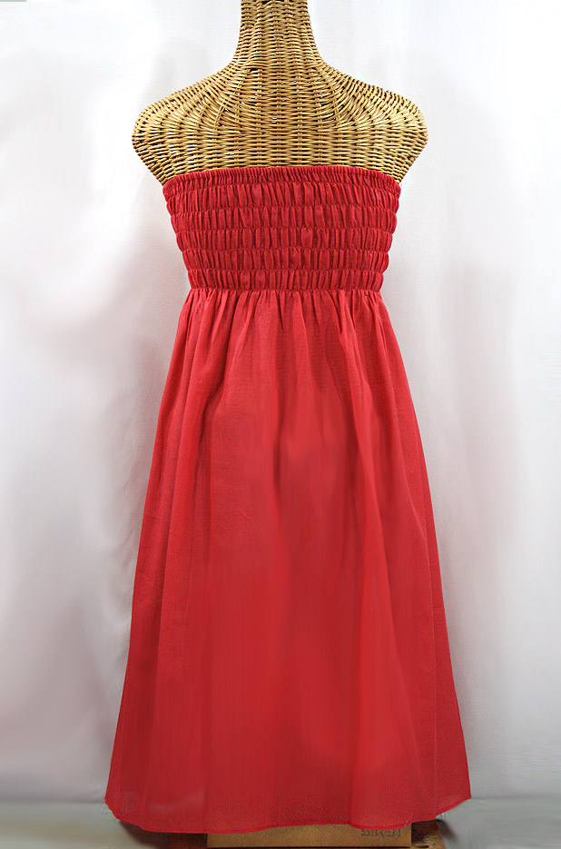 "La Marbella" Embroidered Strapless Sundress - Tomato Red + Multi