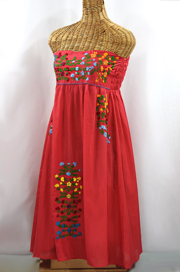 "La Marbella" Embroidered Strapless Sundress - Tomato Red + Multi