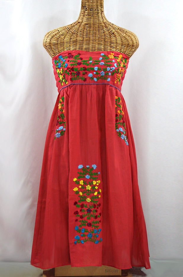 "La Marbella" Embroidered Strapless Sundress - Tomato Red + Multi