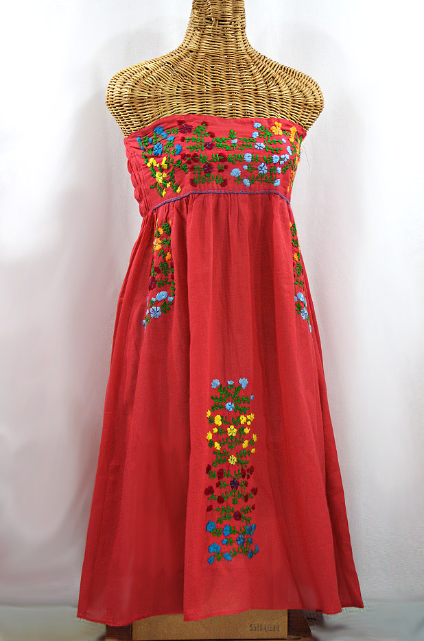 "La Marbella" Embroidered Strapless Sundress - Tomato Red + Multi