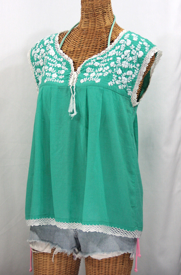 "La Marbrisa" Sleeveless Mexican Blouse -Mint + White