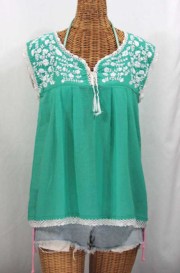 "La Marbrisa" Sleeveless Mexican Blouse -Mint + White