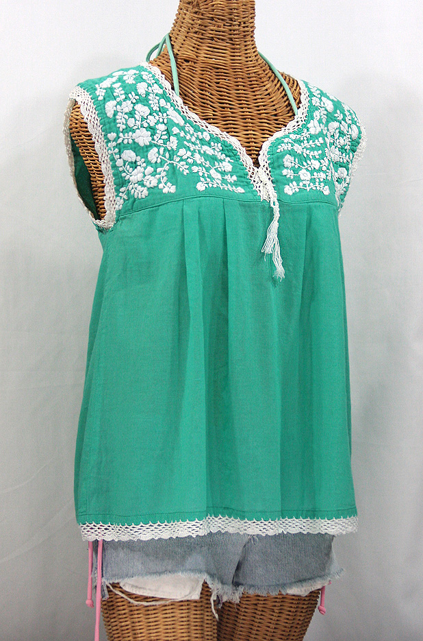 "La Marbrisa" Sleeveless Mexican Blouse -Mint + White