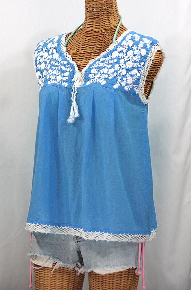 "La Marbrisa" Sleeveless Mexican Blouse -Light Blue + White Embroidery