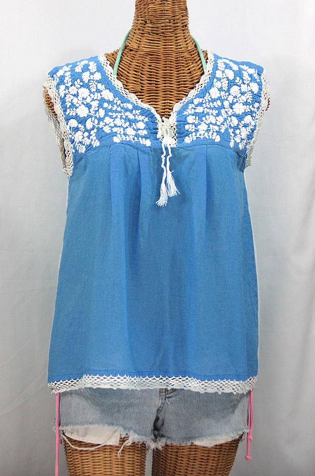 "La Marbrisa" Sleeveless Mexican Blouse -Light Blue + White Embroidery