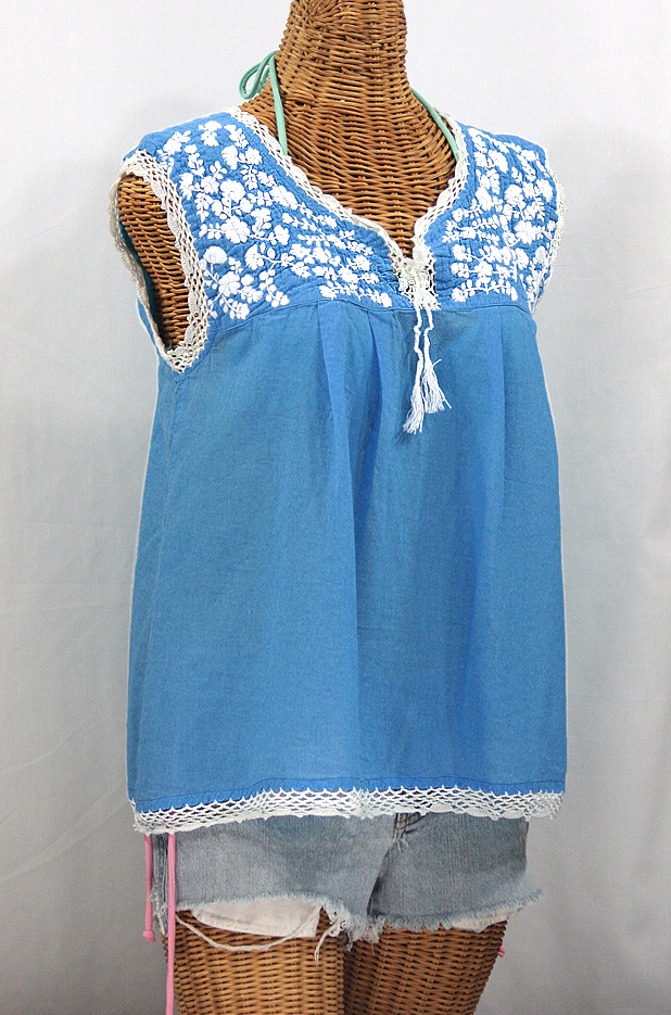 "La Marbrisa" Sleeveless Mexican Blouse -Light Blue + White Embroidery