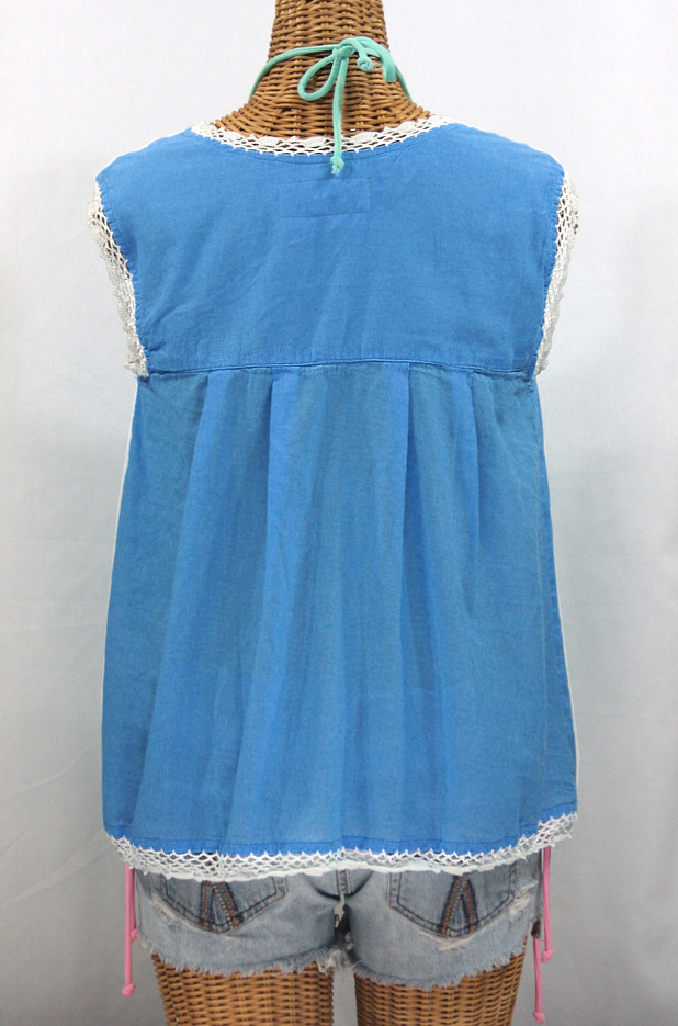 "La Marbrisa" Sleeveless Mexican Blouse -Light Blue + White Embroidery