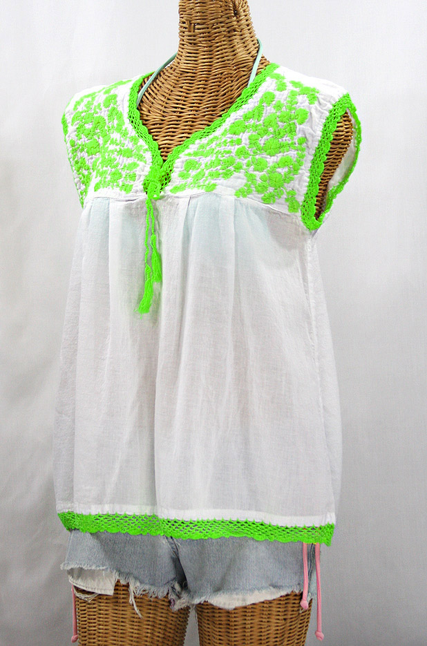 FINAL SALE -- "La Marbrisa" Sleeveless Mexican Blouse - White + Neon Green