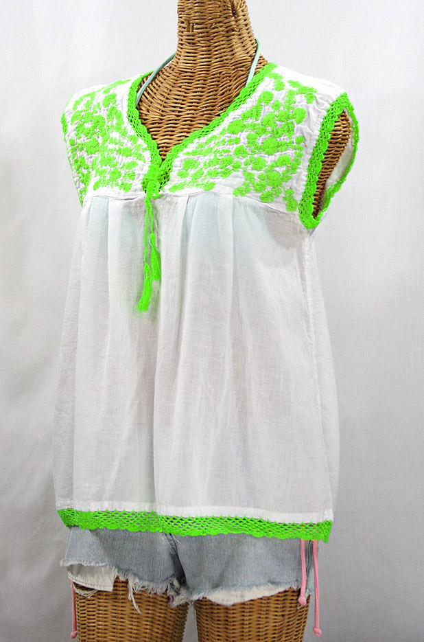 "La Marbrisa" Sleeveless Mexican Blouse - White + Neon Green