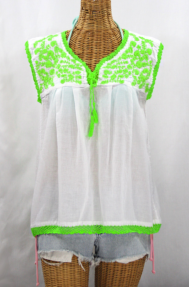 "La Marbrisa" Sleeveless Mexican Blouse - White + Neon Green