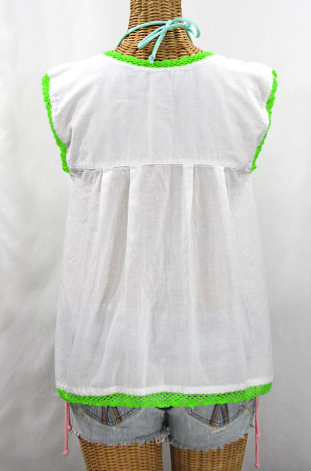 "La Marbrisa" Sleeveless Mexican Blouse - White + Neon Green