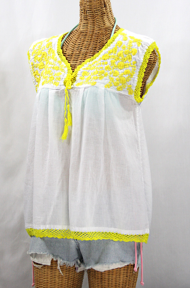 "La Marbrisa" Sleeveless Mexican Blouse - White + Neon Yellow