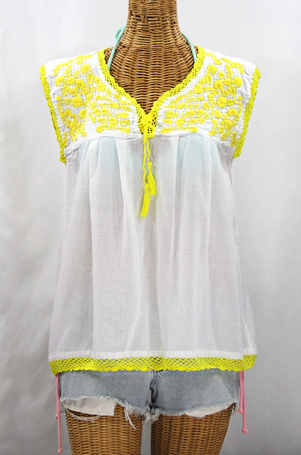 "La Marbrisa" Sleeveless Mexican Blouse - White + Neon Yellow