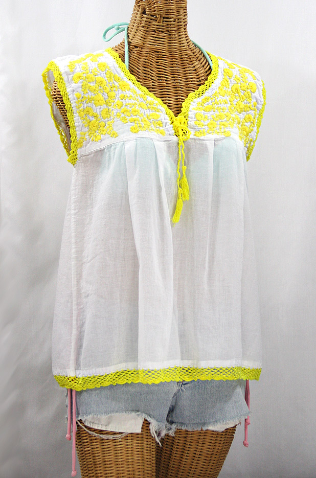 "La Marbrisa" Sleeveless Mexican Blouse - White + Neon Yellow