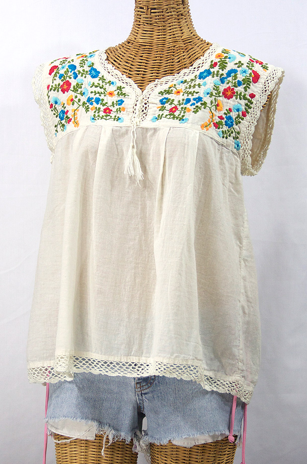 "La Marbrisa" Embroidered Sleeveless Peasant Blouse Top -Off White + Fiesta